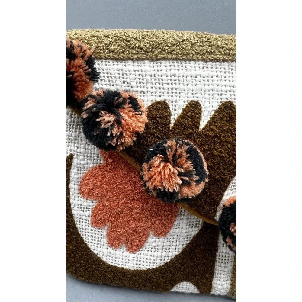 Rahab's Rope Cream &‎ Tan Embelished Woven Clutch Bag Pom Pom Details 13x7 Snap